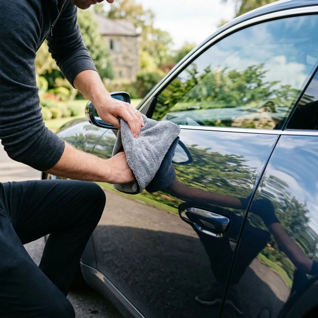 Car owner buffing car door with PolishNano nano cloth